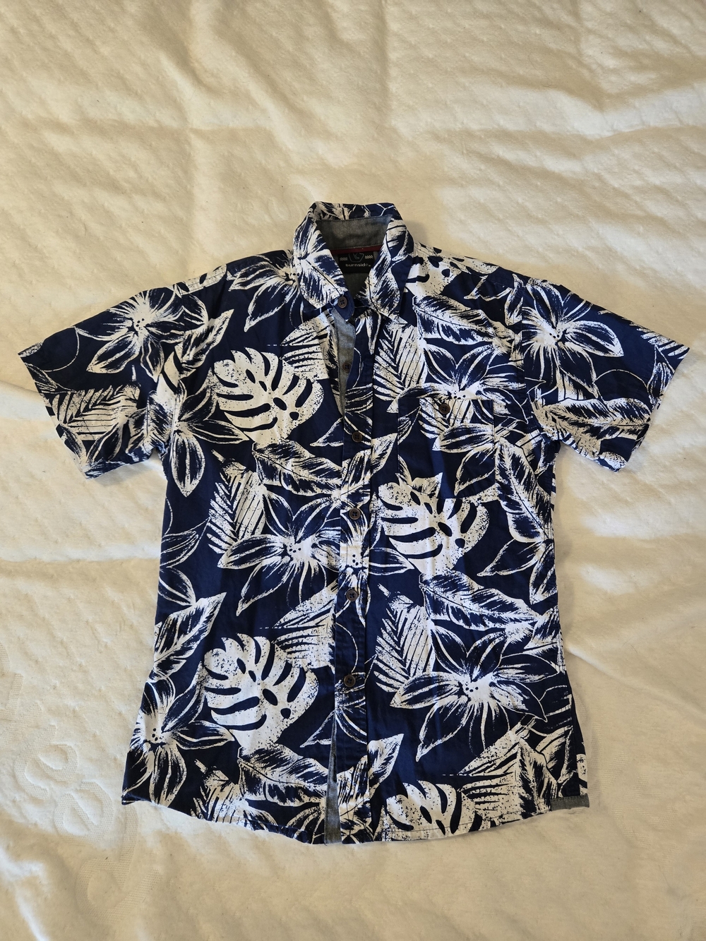 burnside Navy and White Tropical Print Short-Sleeve Button-Up Shirt